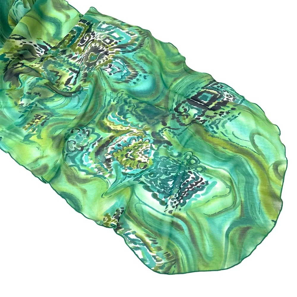 Chico's Abstract Green Print Long Silky Scarf